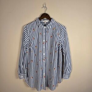 Woman Within Cotton Button Up Shirt Womens 14/16 Blue Striped Floral Embroidered